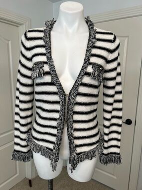 Cache Black & White with gold metallic Striped Fringe Open Cardigan